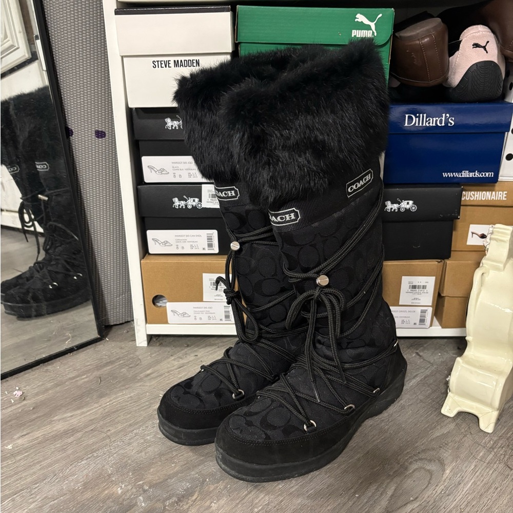 Coach Black Quilted Winter Boots with Faux Fur Trim